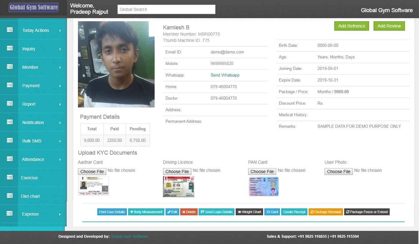 profile page global gym software